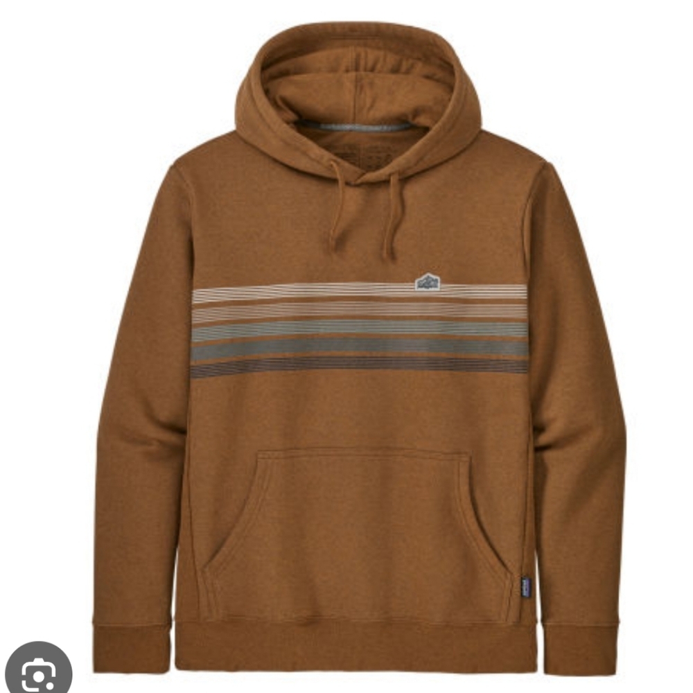 Patagonia Men's Line Logo Ridge Stripe Uprisal Hoody in the Bear Brown color